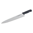 Wide chef’s knife with black handle and stainless blade with logo on blade