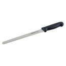 Wavy edge slicer tool with black handle and silver serrated wavy-edge blade