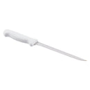 White narrow stiff boning knife with curved guard handle and pointed blade