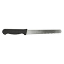 Wavy edge slicer tool with black textured handle and long serrated blade