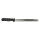 Wavy edge slicer with black textured handle and serrated silver blade