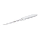 White utility knife with wavy serrated blade and logo on blade