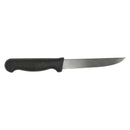 Wide stiff boning knife with black textured handle and pointed stainless blade