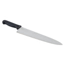 Wide chef’s knife with black handle and stainless blade, 12 in