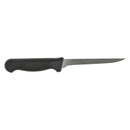 Narrow stiff boning knife with black handle and long narrow silver blade