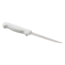 Narrow stiff boning knife with white handle and narrow pointed blade