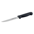 Wide stiff boning knife with black handle and stainless blade with printed logo