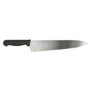Wide chef’s knife with black handle and long straight-edged stainless blade