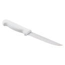 Wide boning knife with white handle and long stainless-steel blade