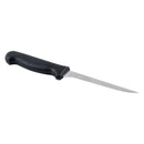 Narrow stiff boning knife with black textured handle and pointed silver blade