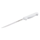 White stiff boning knife with narrow pointed blade and ergonomic handle