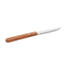 Steak knife with rounded serrated blade and wood handle, riveted metal accents