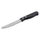 Serrated steak knife with black handle and stamped blade