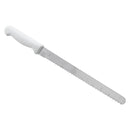White-handled wavy edge slicer with silver serrated blade