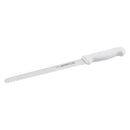 Wavy edge slicer with white handle and serrated blade, front view