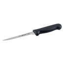 Adcraft narrow stiff boning knife with black textured handle and labeled silver blade