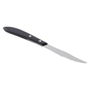 Stainless steel steak knife with black pistol-grip handle and serrated blade