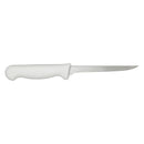 Narrow stiff boning knife with white handle, straight thin blade