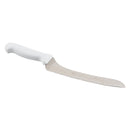 Adcraft serrated offset bagel knife with white handle and serrated metal blade