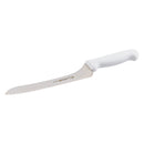 Adcraft offset bagel knife with white handle and serrated blade, printed text on blade
