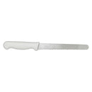 Adcraft wavy edge slicer, long serrated blade with curved white handle.