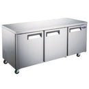 Stainless undercounter refrigerator with three solid doors and recessed handles