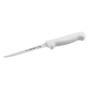Narrow stiff boning knife with white handle and blade with printed marking