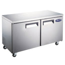 Stainless steel undercounter freezer with two solid doors and recessed handles, on casters