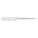 White narrow boning knife with straight blade and contoured grip handle
