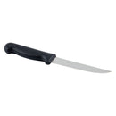Wide stiff boning knife with black textured handle and stainless steel blade