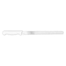 White wavy edge slicer with straight silver blade and serrated teeth, full length