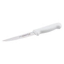 Wide boning knife with white handle and branded stainless-steel blade