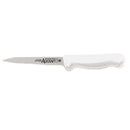 Paring knife with white handle and dark blade, Adcraft logo near bolster