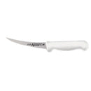 Adcraft curved stiff boning knife with white handle and straight blade