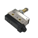 Position switch with black plastic housing and metal actuator with threaded shaft