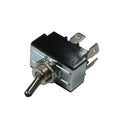 Toggle power switch with black lever, metal housing, and terminal pins
