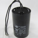 Black cylindrical power capacitor with attached leads and printed specifications