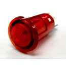 Red indicator light with translucent lens and black bezel, with two electrical pins