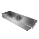 Metal drip tray assembly with central divider and angled end walls for gas griddles