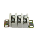 Gray three-screw electrical terminal block with metal mounting clips