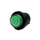 Round power switch with green illuminated button and black bezel