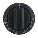 Black rotary control knob with numbered scale and central indicator
