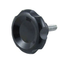 Locking knob with dark plastic head and threaded metal bolt