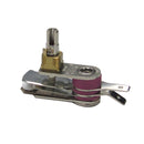 Mechanical thermostat switch with brass base, purple insulator, metal mounting tab
